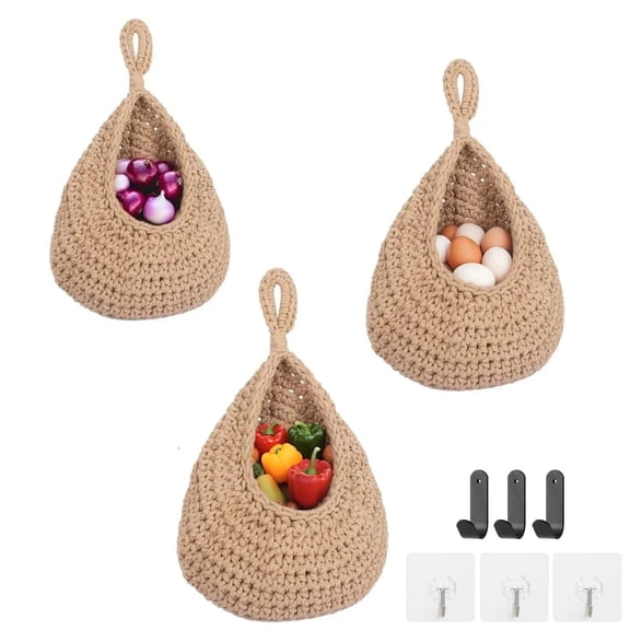 ShellKingdom Hanging Baskets, 3 Pack Boho Wall Hanging Door Storage Basket with Hooks for Kitchen