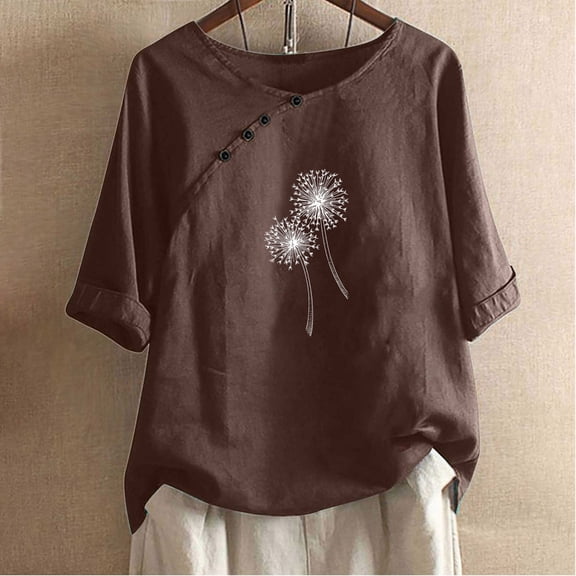 OKBOP Brown Casual Tops for Women 3/4 Sleeve Floral Cotton and Linen Crew Neck T-Shirts Womens Shirts