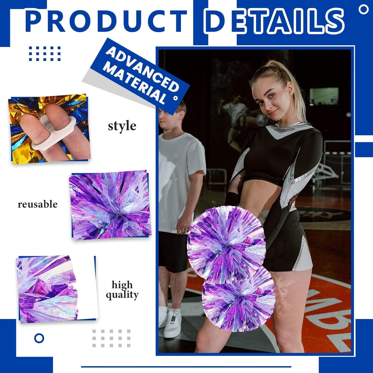 Cheerleader Pom Poms 24 Pack Sports Dance Cheering Plastic Metallic Cheerleading Pom Poms for Kids Adults-Ring Style
