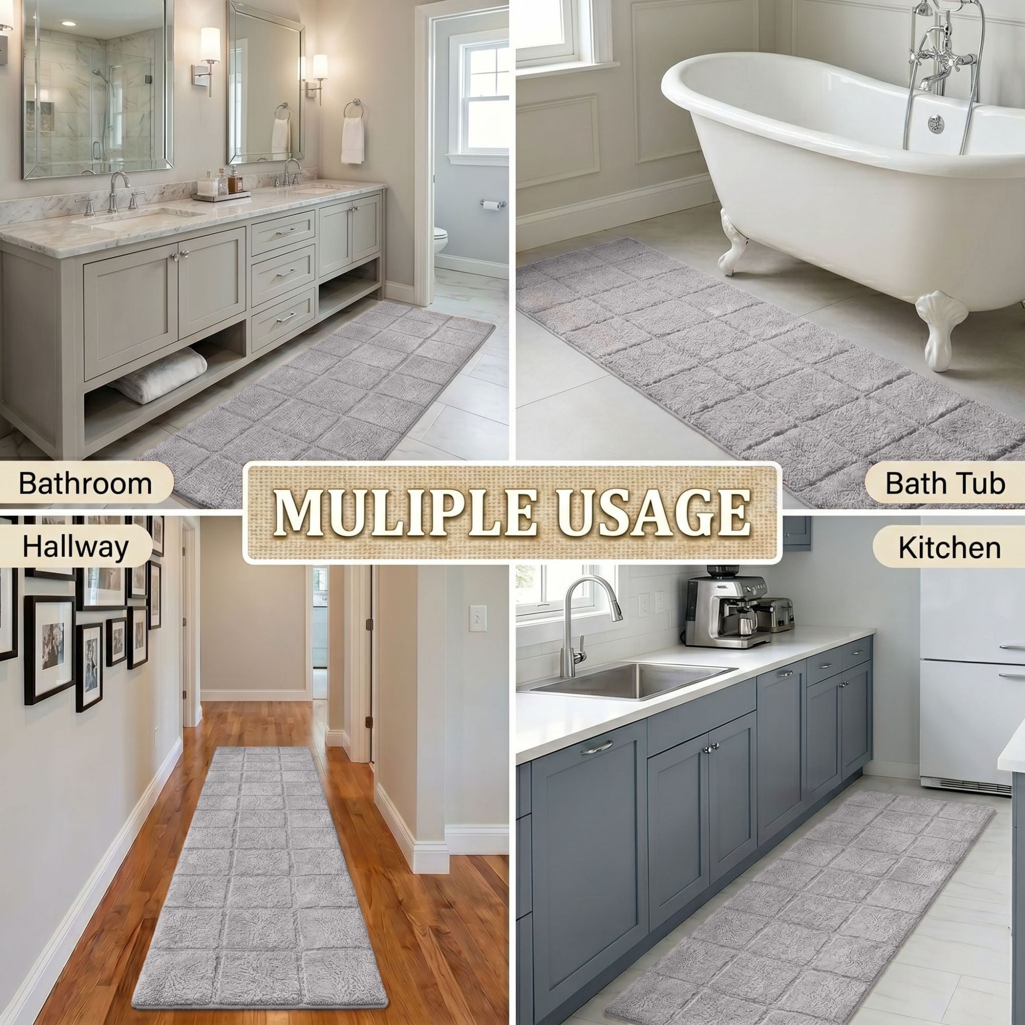 Superior Checkered Cotton Washable Non-Slip Bath Rug, Runner Size, Silver