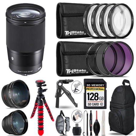 Sigma 16mm f/1.4 DC DN Contemporary Lens for Sony E + 3 Lens Kit + Tripod + Backpack - 128GB Accessory Bundle (International Version)