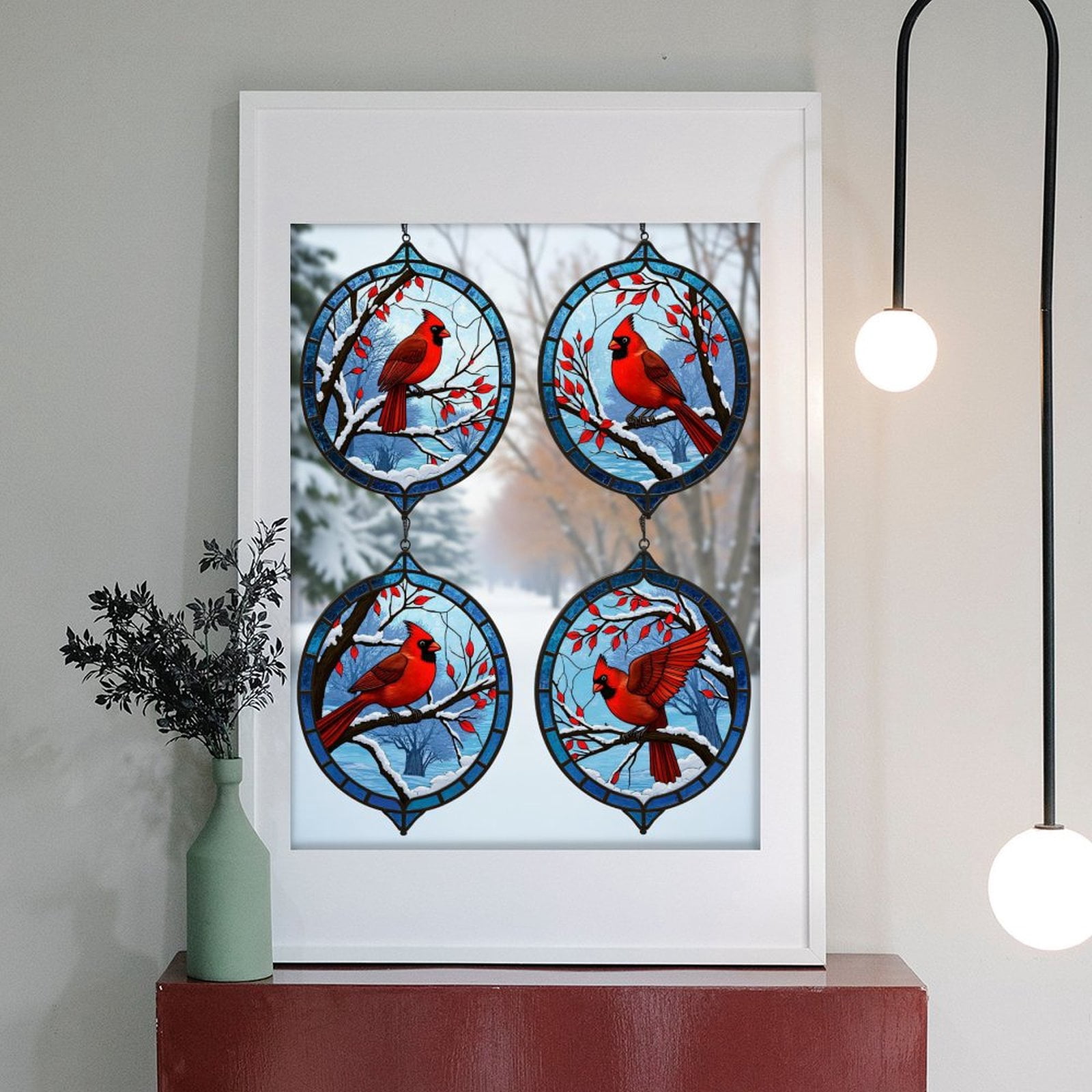 Diamond Art Kit for Adults, Cardinal Stained Glass Winter Scene Diamond Painting for Adults Beginners, 5D DIY Diamond Art Painting Kits, Colorful Diamond Painting Craft for Home Decor 12x16