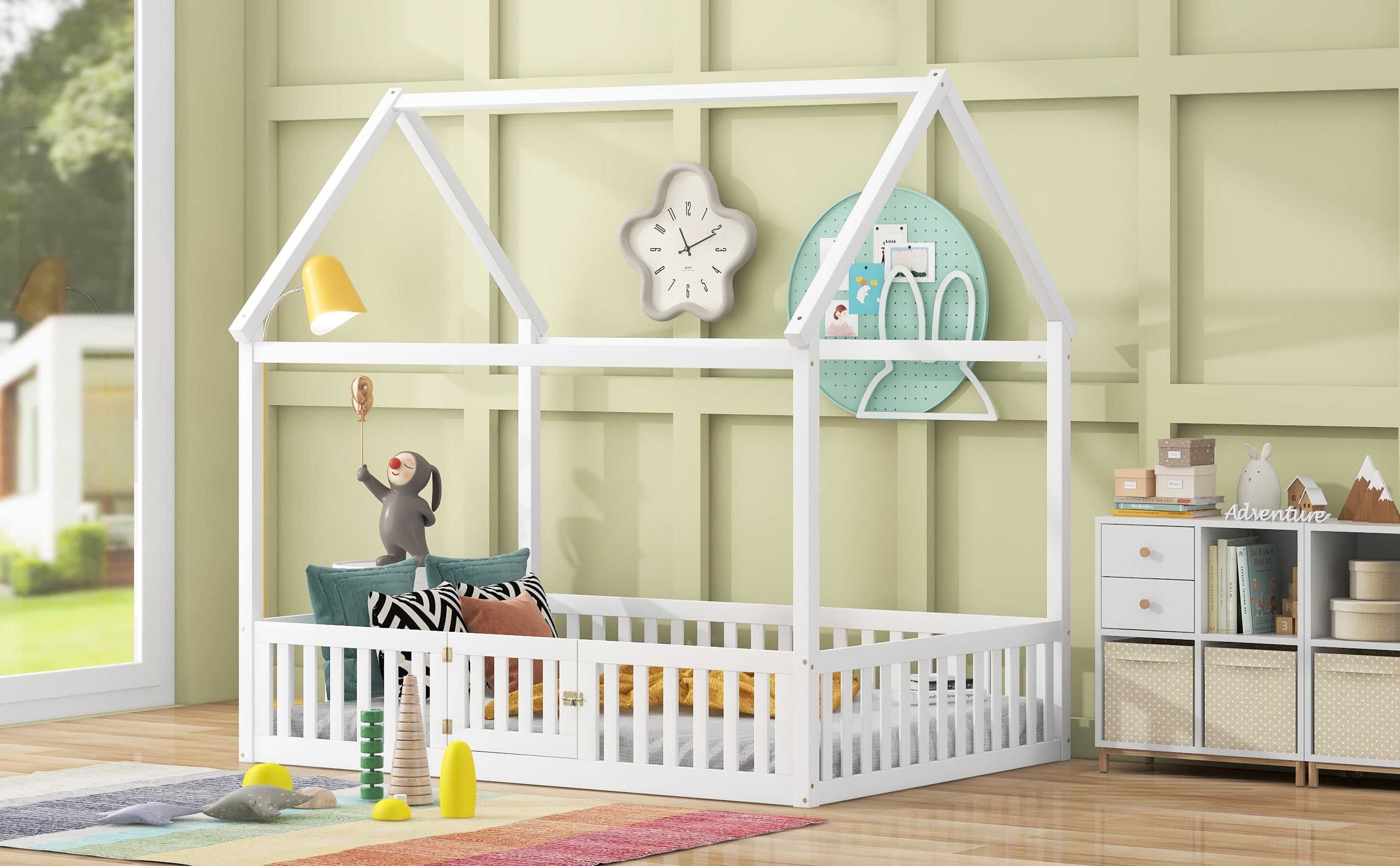 MAYEERTY Full Size Wood House Bed with Fence and Door, White