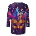 thumbnail image 4 of miqiqism Womens Tops 3/4 Sleeve Shirts Funny Mask Print Tshirt Crewneck Pullover Tee Blouses 2025 Carnival Party,01 Purple,Large, 4 of 5
