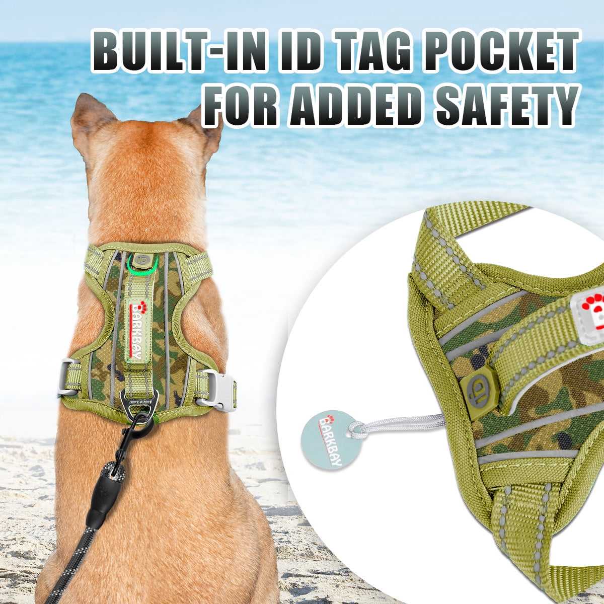 BARKBAY No Pull Dog Harness Large Reflective Dog Harness with Front Clip and Easy Control Handle for Walking Training Running with ID tag Pocket(Camo,XL)
