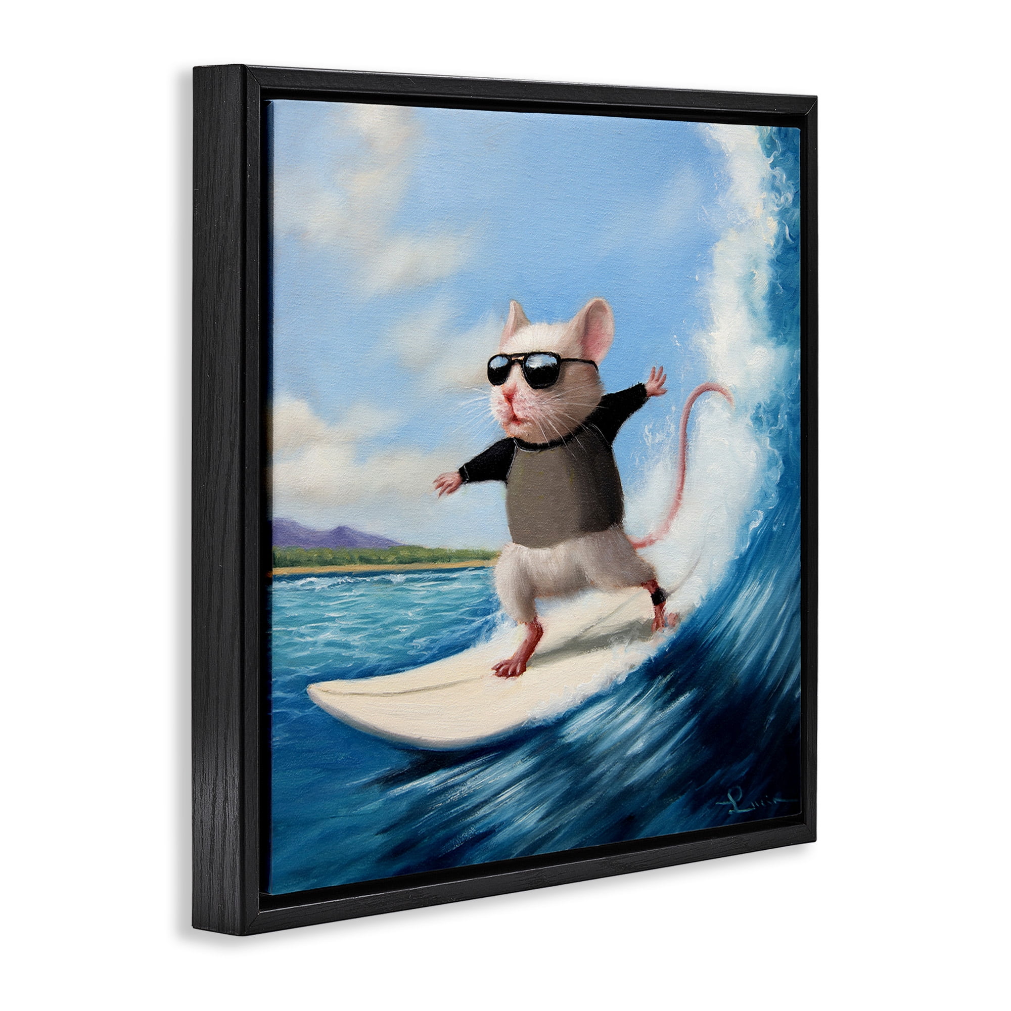 Stupell Industries Cool Surfer Mouse Blue Ocean Waves Animals & Insects Painting Black Floater Framed Canvas Art Print Wall Art, 18 x 18