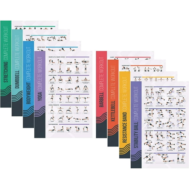 FitMate 8-Pack Workout Exercise Poster Bundle Set - Dumbbell, Barbell, Bodyweight, Kettlebell, and More Fitness Gym Workout Routine with Free Weights Home Gym Decor, Room Guide (16.5 x 25 Inch)