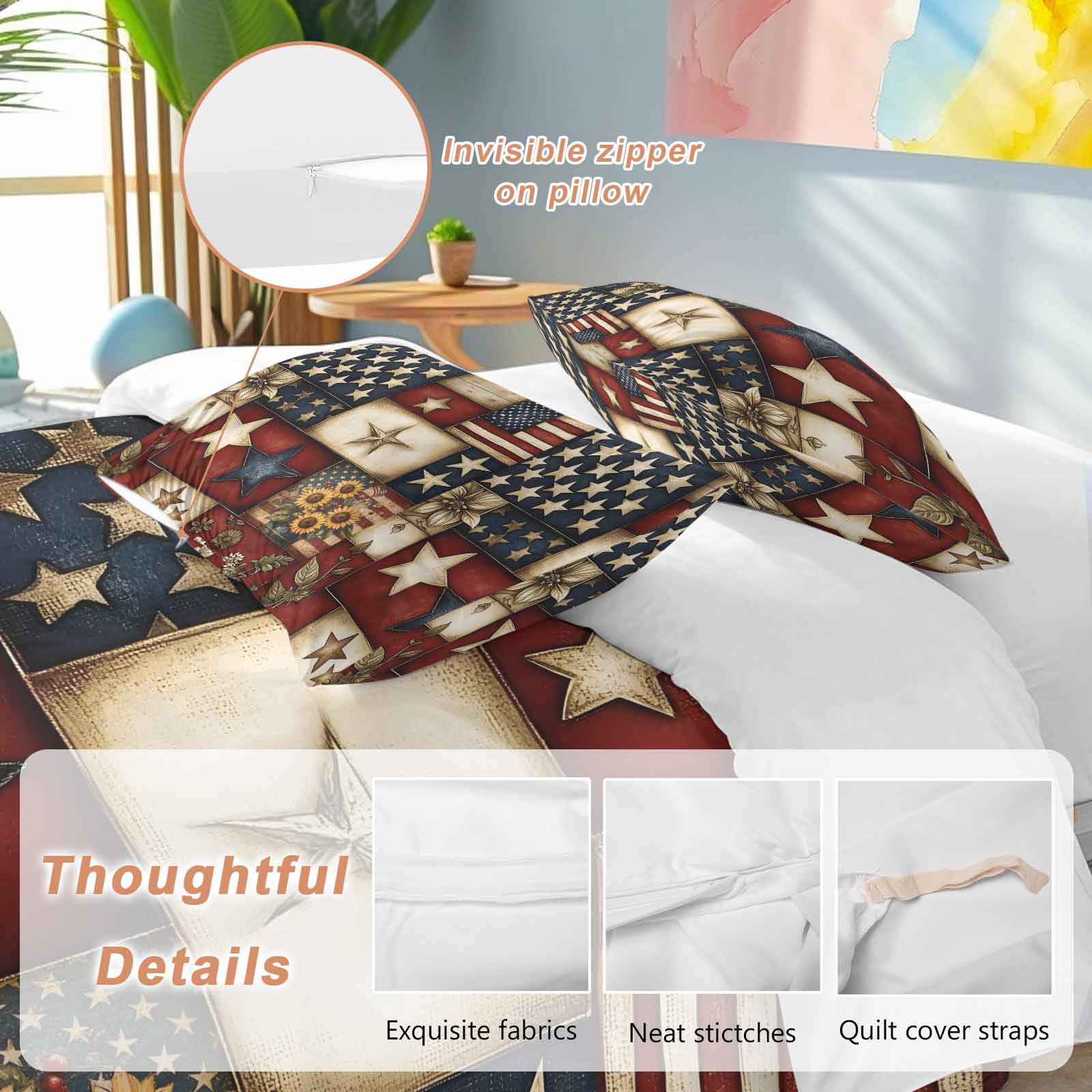 American Flag Bedding 3 Piece Duvet Cover Set California King, Texas Star Farmhouse Sunflowers Blue Red Soft Microfiber Comforter Cover with Zipper Closure & Pillowcases, FadeResistant Quilt Cover