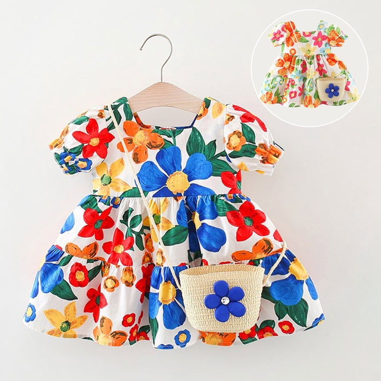 Bobifish Newborn Newborn Girls Square Neck Casual Dress Big Floral Print Gathered Waist Skater Dress Kids Soft Flowy Summer Outdoor Vacation Sundress