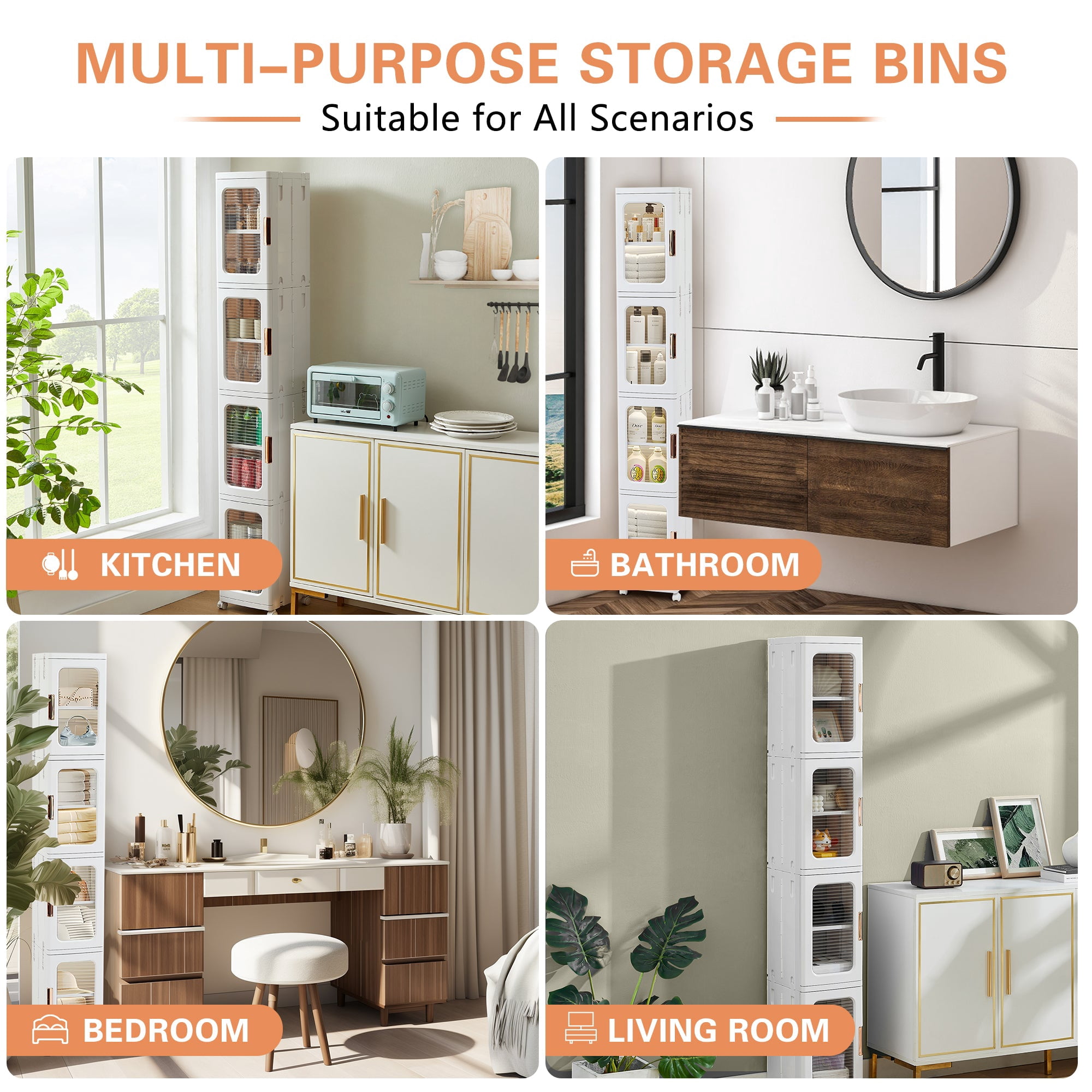 Slim Narrow Plastic Storage Cabinet with Adjustable Shelves, Doors & Wheels, Waterproof & Dustproof Design,White