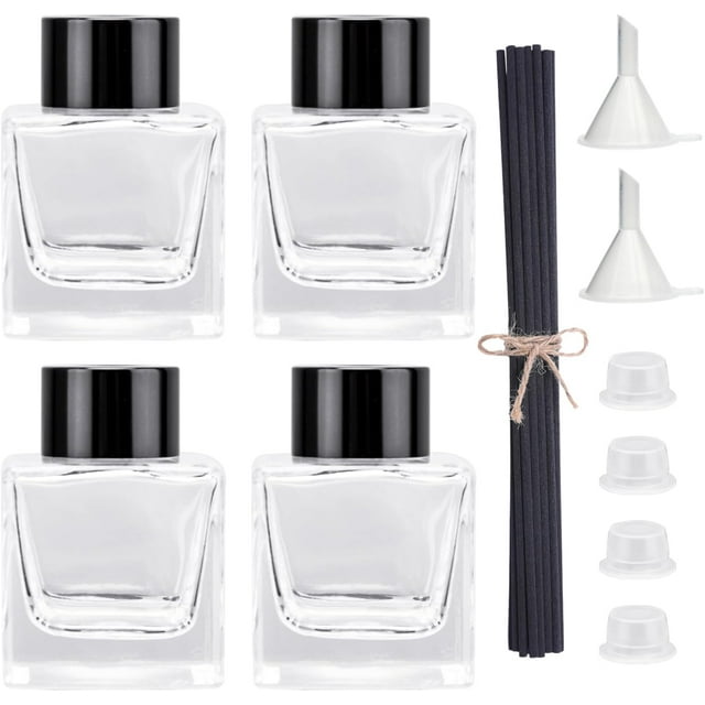Agidea 4PCS Refillable Reed Diffuser Bottles, 50ML Capacity, Glass Material, Home & Event Fragrance Decoration, 4 Bottles, 20 Reeds, Funnel, Black Caps