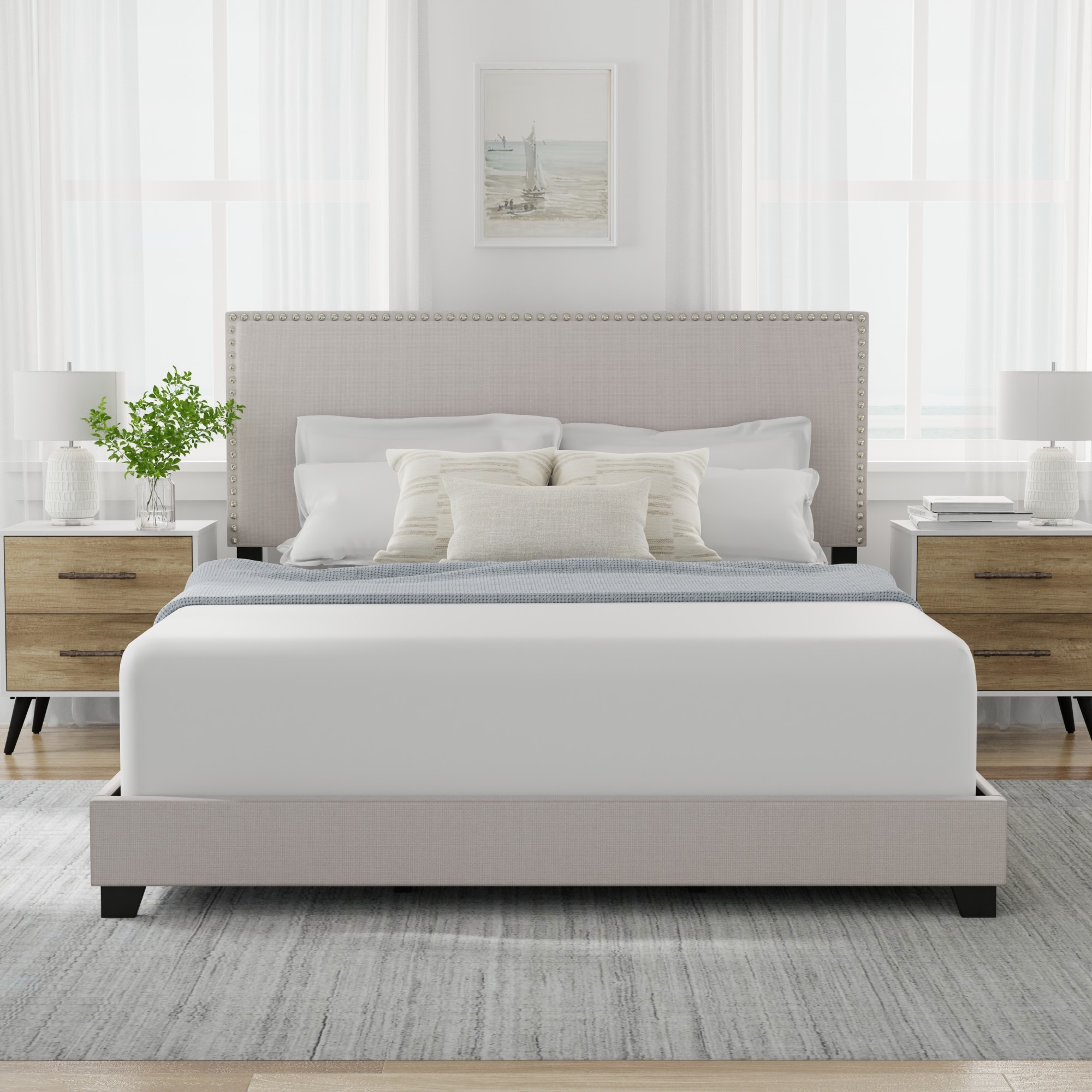 Willow Nailhead Trim Upholstered Queen Bed, Fog - image 3 of 16