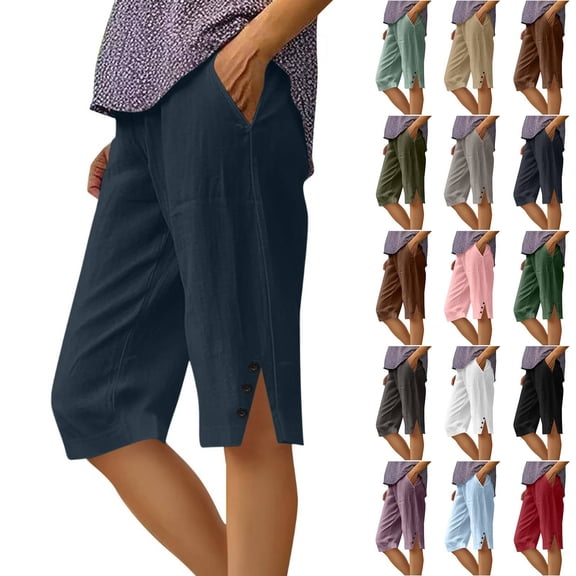 Cotton Linen Bermuda Shorts for Women Capri Pants Petite Pull on Knee Length Pants Summer Beach Long Shorts Beach Lounge Ladies Pedal Pushers 13" 14" 15" Inseam Dark Blue L
