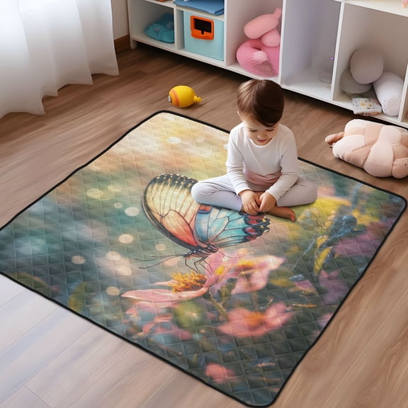 WOBOGO Flower Butterflies Baby Playmats Extra Large Waterproof Rollable Activity Pads for Toddlers 50×50inch