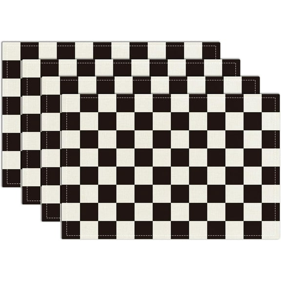 4PCS Black and White Checkerboard Placemats, Wipeable Washable Heat-Resistant Linen Fabric Table Place Mats, Non-Slip Placemat for Kitchen Table Party Indoor/Outdoor Decor 12x18 Inch