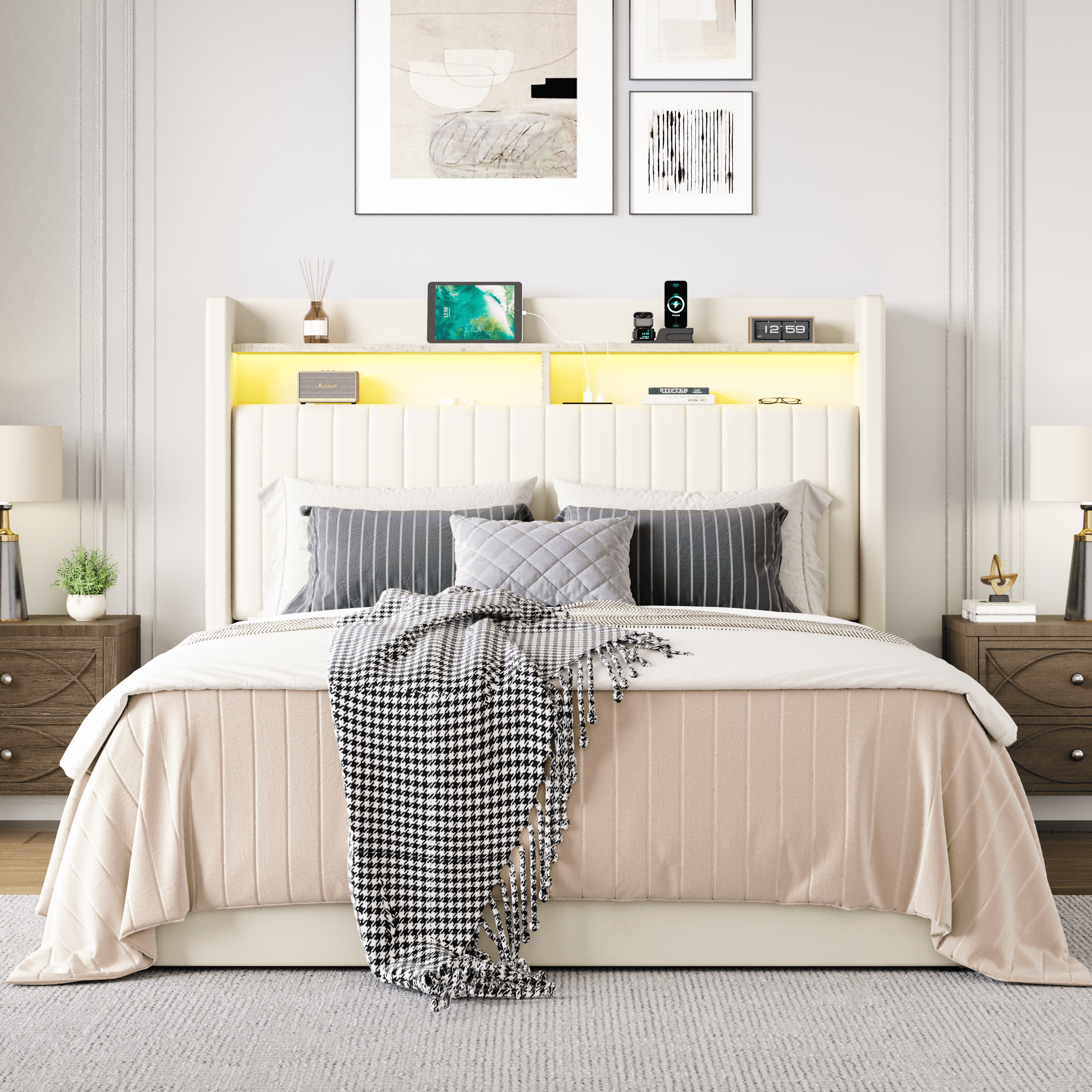 Amolife Full Hydraulic Lift-Up Storage Bed Frame, LED Headboard with Fast Charging (USB/Type-C), 2-Tier Shelves & Velvet Upholstered, Cream