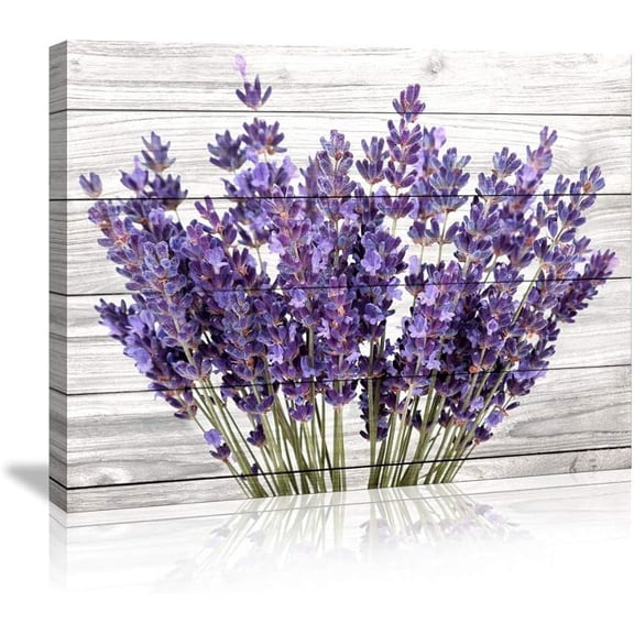 Modern Artwork Purple Lavender Wall Decor Canvas Wall Art Retro Paintings Style Purple Lavender Flowers Picture on White Vintage Wood Background Rural for Living Room Bedroom Bathroom Decoration