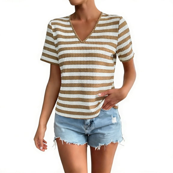 ClodeEU Women's V Neck Striped Short Sleeve T-Shirt, Casual Loose Fit Summer Tee Khaki,Women's Plus L