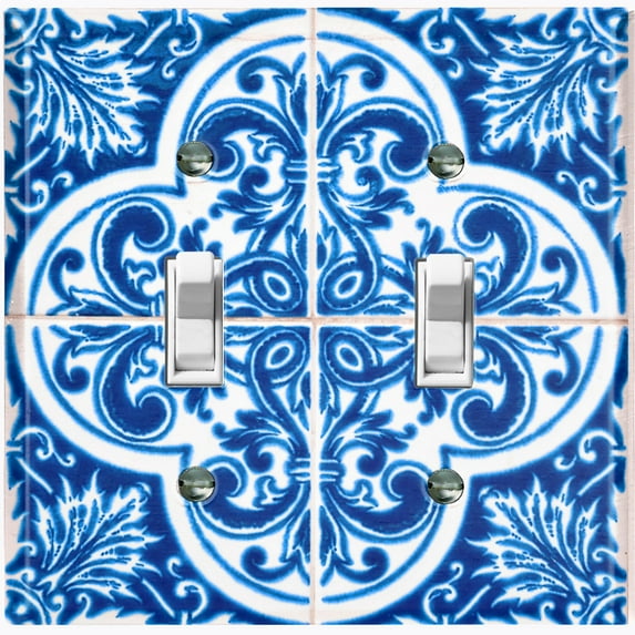 Metal Light Switch Plate Cover Elegant Blue White Mandala Tile Pattern TIL024