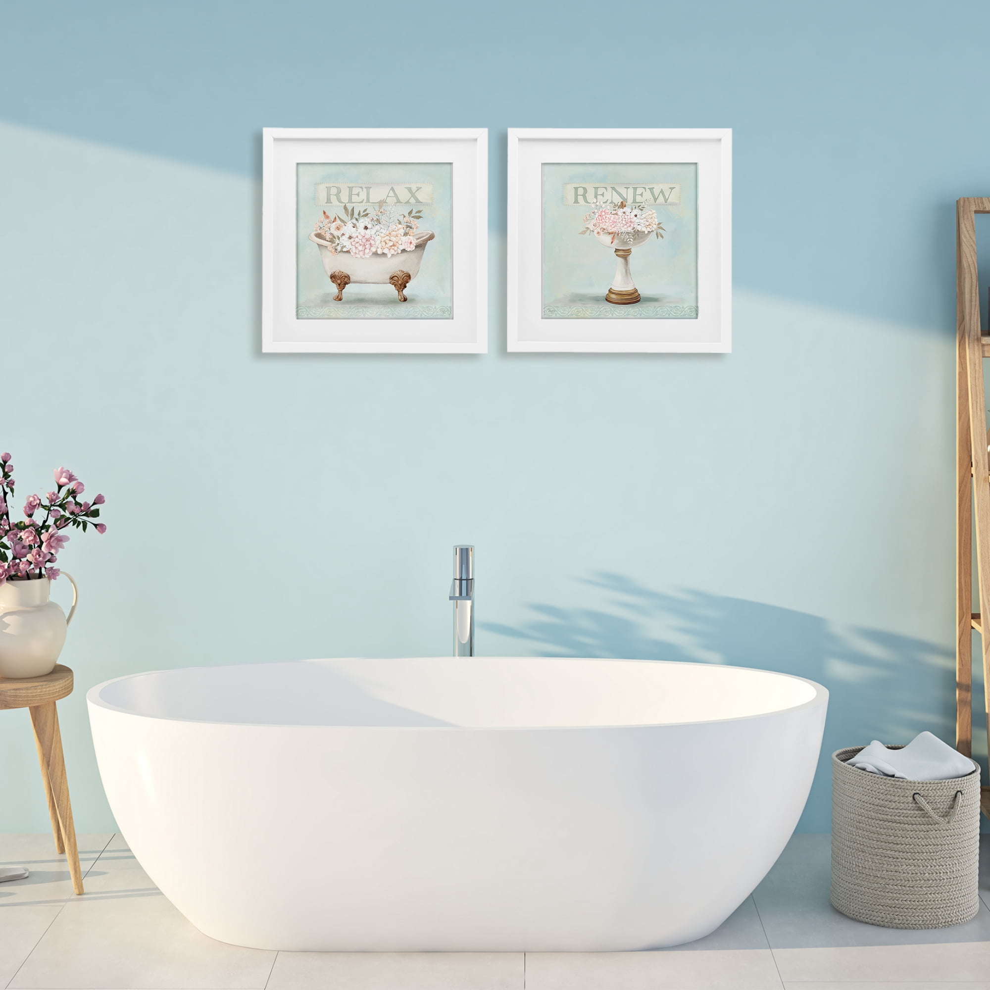 Stupell Industries Antique Florals Relax Renew 2 Piece White Framed Print Under Glass Set, design by Mollie B.