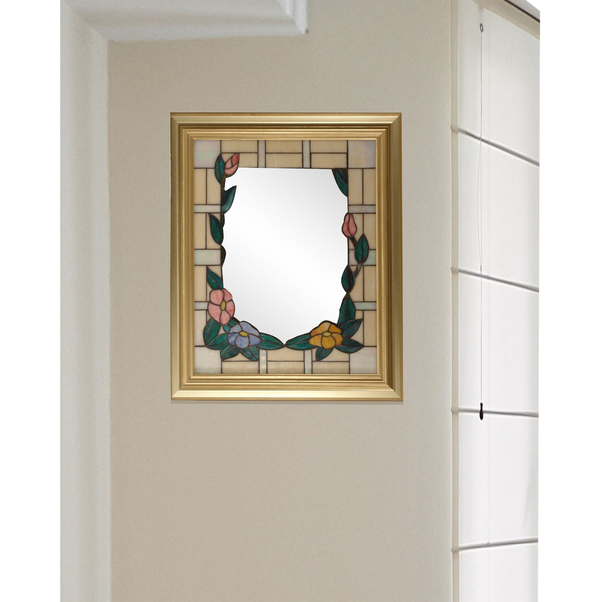 Art Glass Designs 34" Gold and Green Framed Rectangular Peony Wall Mirror