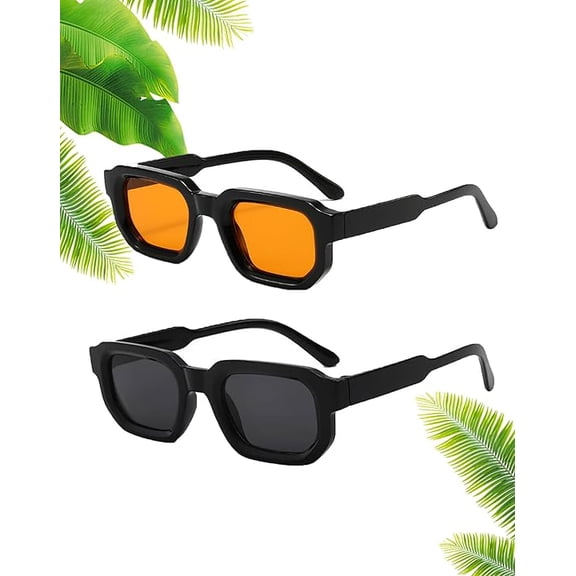 2PCS Thick Frame Square Sunglasses for Women Men Chunky Rectangle Sun Glasses Black Shades UV400 Protection(wwx)