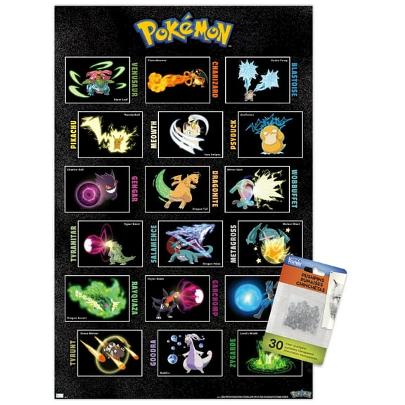 Pokemon - Moves Grid Wall Poster with Push Pins, 14.725" x 22.375"