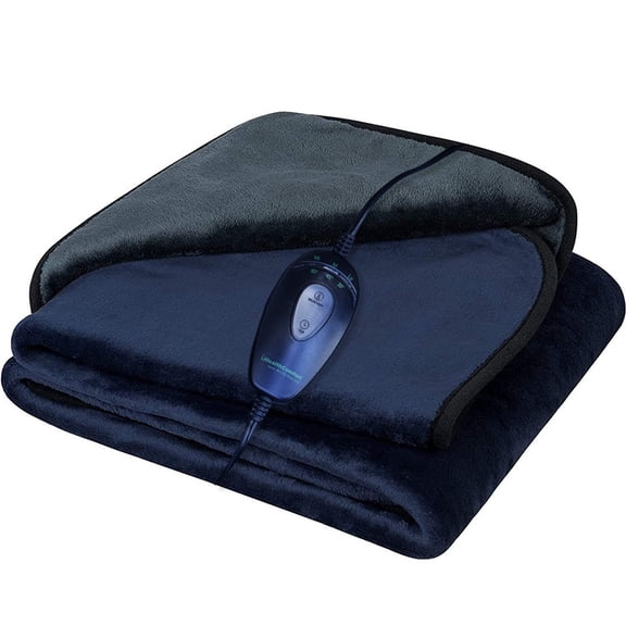 12V Car Heated Blanket with Smart Timer & 3 Heat Settings - Reversible Navy Blue & Dark Grey Electric Flannel Throw - Washable, 72" Long Cord, 55"x39" Large Size for Winter Travel, SUV, RV