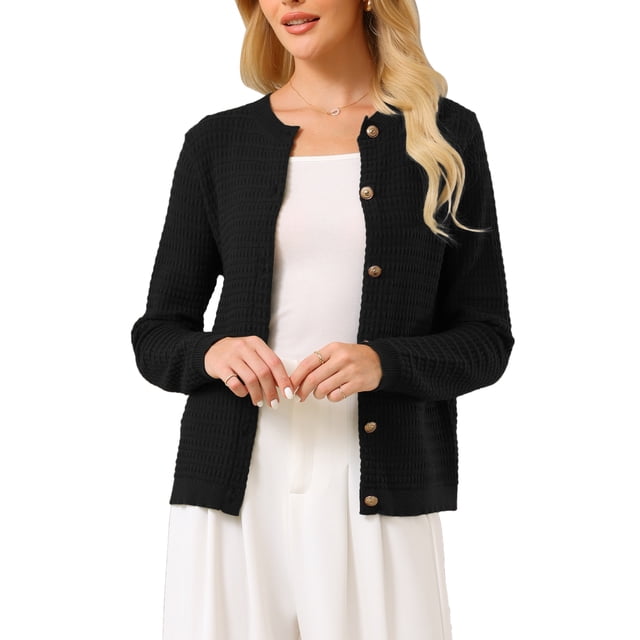 Suéter de cardigan de botón para mujer INSPIRE CHIC, cuello redondo, de manga larga, tejido acanalado, talla 2XL, negro
