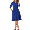 thumbnail image 1 of Vestido de trabajo elegante para mujer Inspire Chic, con mangas 3/4, plisado, cuello redondo, estilo midi, color azul real, 1 of 6