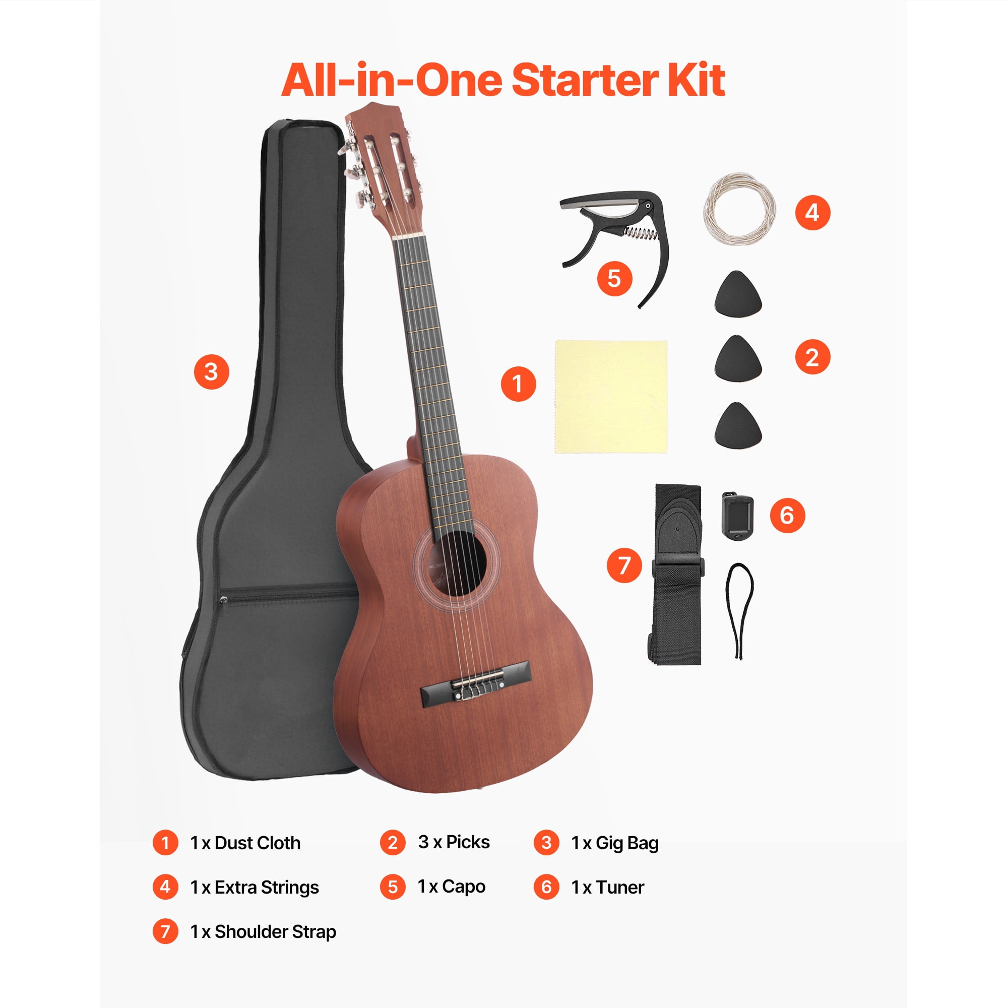 KFFKFF 36-Inch Classical Guitar, Wooden Acoustic Guitar Starter Set for Beginners, Includes Nylon Strings, Carrying Bag, Strap, Tuner, Spare Strings, Picks, and Capo, Sapele & Rosewood Build