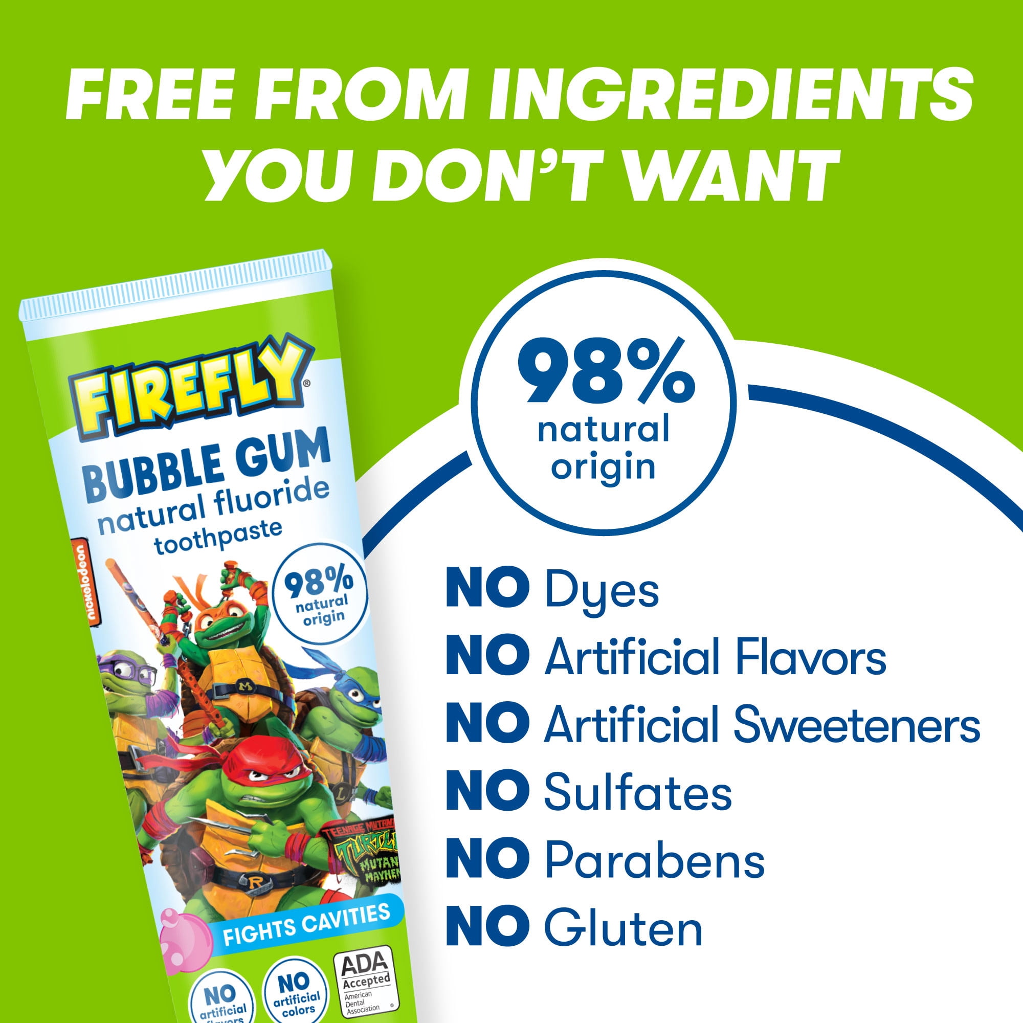Firefly Kids Anticavity Natural Fluoride Toothpaste, TMNT, Bubble Gum Flavor, ADA Accepted