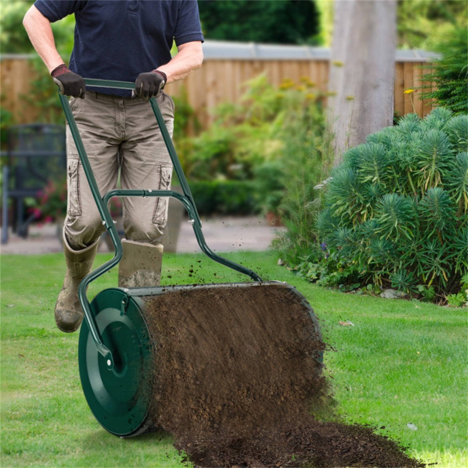 24-Inch Metal Mesh Compost Spreader with 2.7 Cu.ft Large Capacity, Heavy-Duty Rustproof Lawn Spreader for Peat Moss/Topsoil/Sand-Green