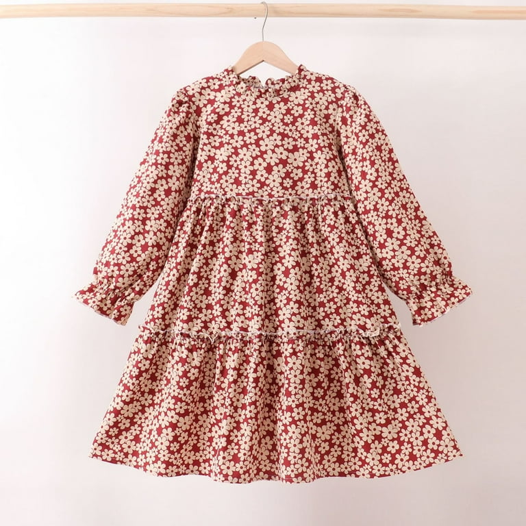 Povozer Girls' Floral Long Sleeve Dresses Kid Neck High