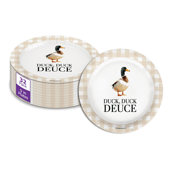 Duck Duck Deuce Second Birthday - 32 Piece Disposable Party Supplies - Decorations for Beige Gingham 2nd Birthday Round Party Plates - Large 9" Paper Plates In Bulk