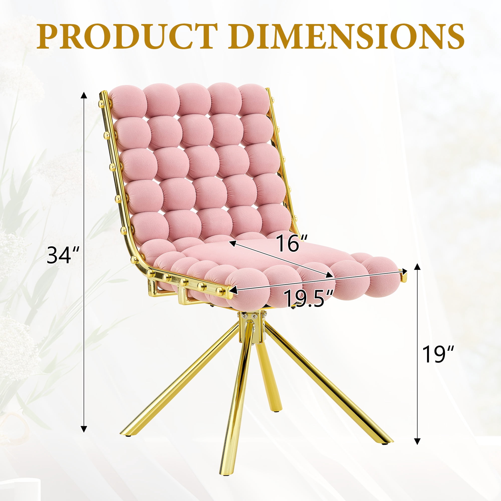 Aukfa Velvet Swivel Dining Chairs Set of 2, Modern Bubble Tufted Kitchen Side Chairs, Gold Metal Legs,Pink