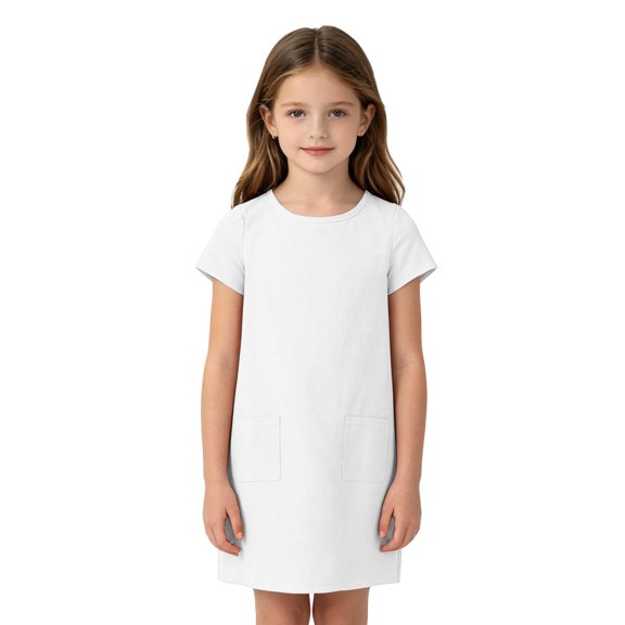 Grblisyd Girls Dress Crew Neck Short Sleeve Casual Dress Kids Summer Solid Color Loose Midi Dress with Pockets