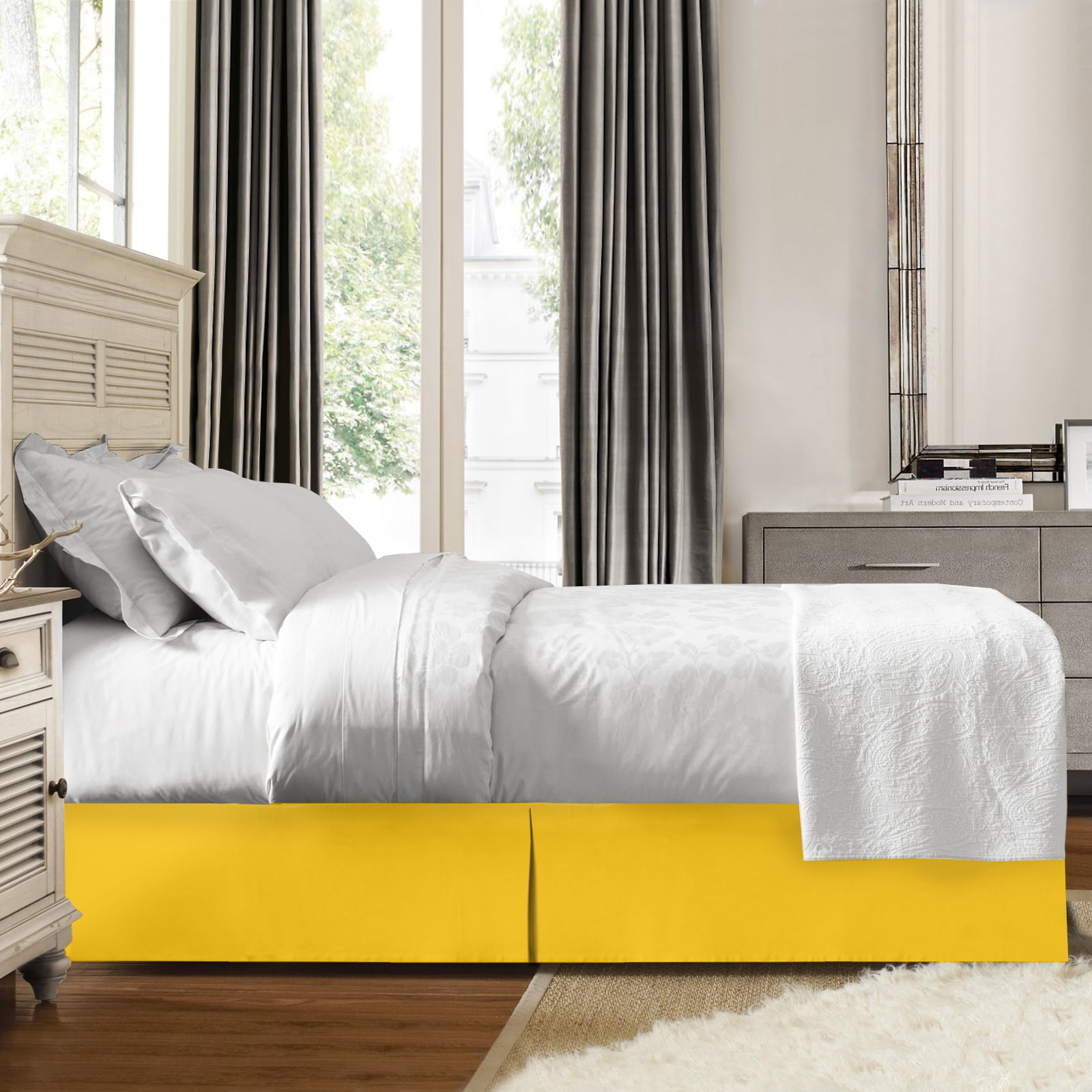 14" Tailored Pleated Bed Skirt Dust Ruffle, Cal King, Yellow, by Clara Clark