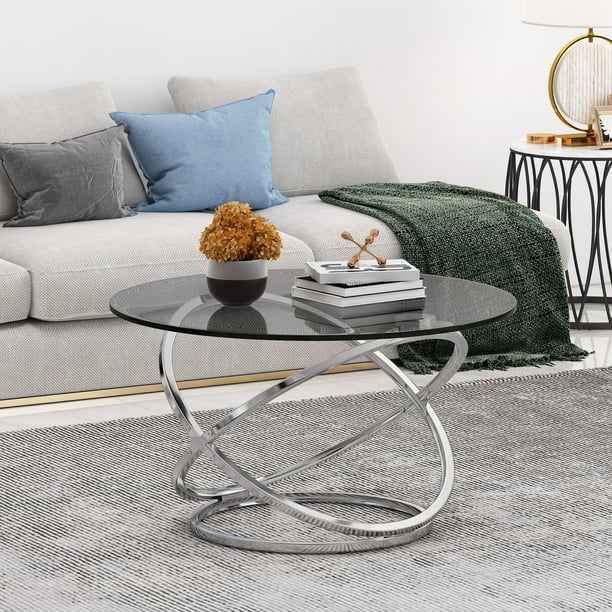 Table basse ronde moderne avec dessus en verre Silvia, gris et chrome 