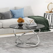 Table basse ronde moderne avec dessus en verre Silvia, gris et chrome