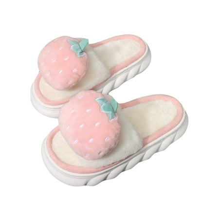 

Gomelly Ladies Non-slip Fluffy Slides Casual Open Toe Plush Slipper Bedroom Lightweight Criss Cross Strawberry 5.5-6