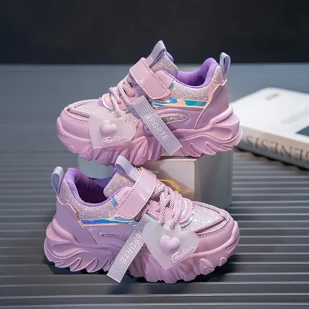 

Girls Sports Shoes Kids Running Sneakers for School Fashion Cute Shiny Non-slip Children‘s Casual Shoes with Heart Spring Autumn
