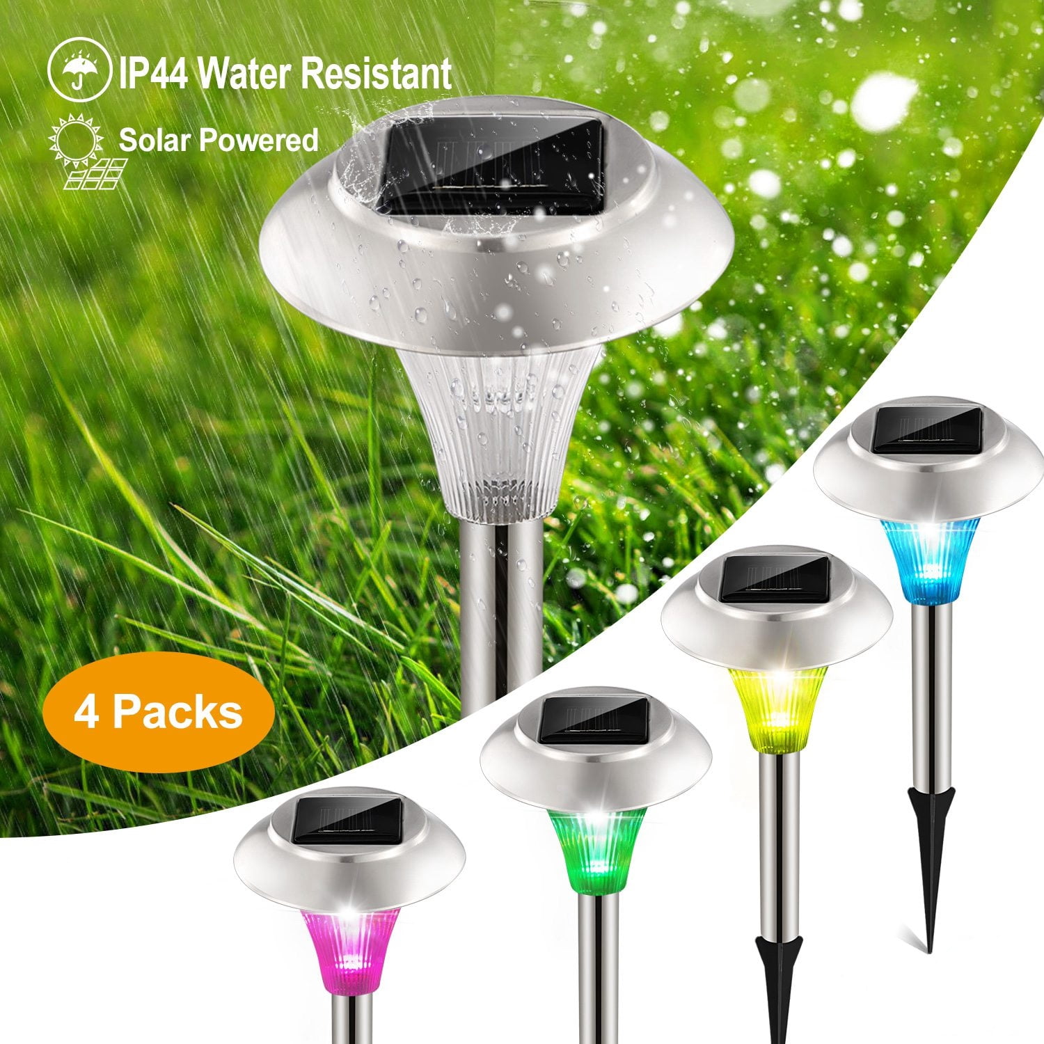 4PCS Solar Powered Color Changing Path Lights, IP44 Waterproof Auto Dusk‑to‑Dawn LED Lights for Garden, Yard, Driveway and Patio Decoration