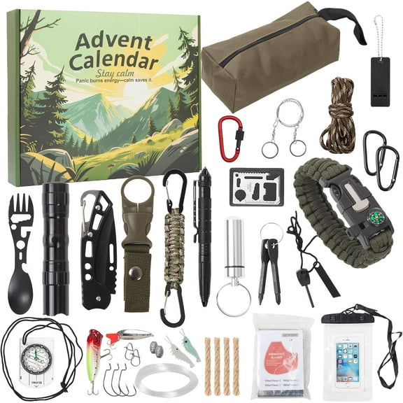 Survival Kit Advent Calendar for Men Adult 24 Days Christmas Countdown Survival Tools Xmas Gifts for Outdoor Adventure
