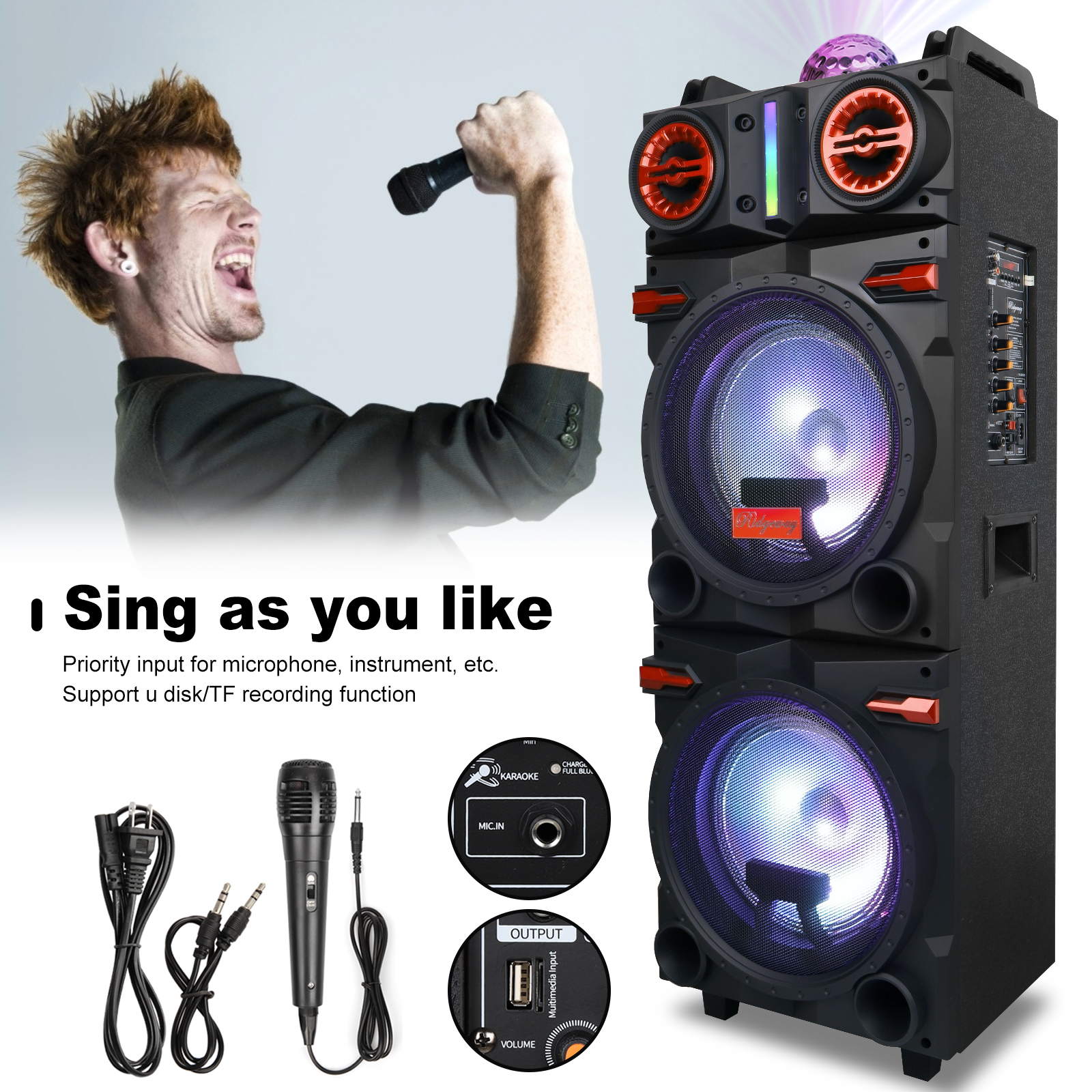 Lohoms Portable Wireless Speaker, Dual 10" Subwoofer & 1" tweeter Trolley Bluetooth Speaker W/ Microphone Heavy Bass Stereo Woofer Party Sound PA System, AUX, FM, Remote, LED Light, 40.5" H