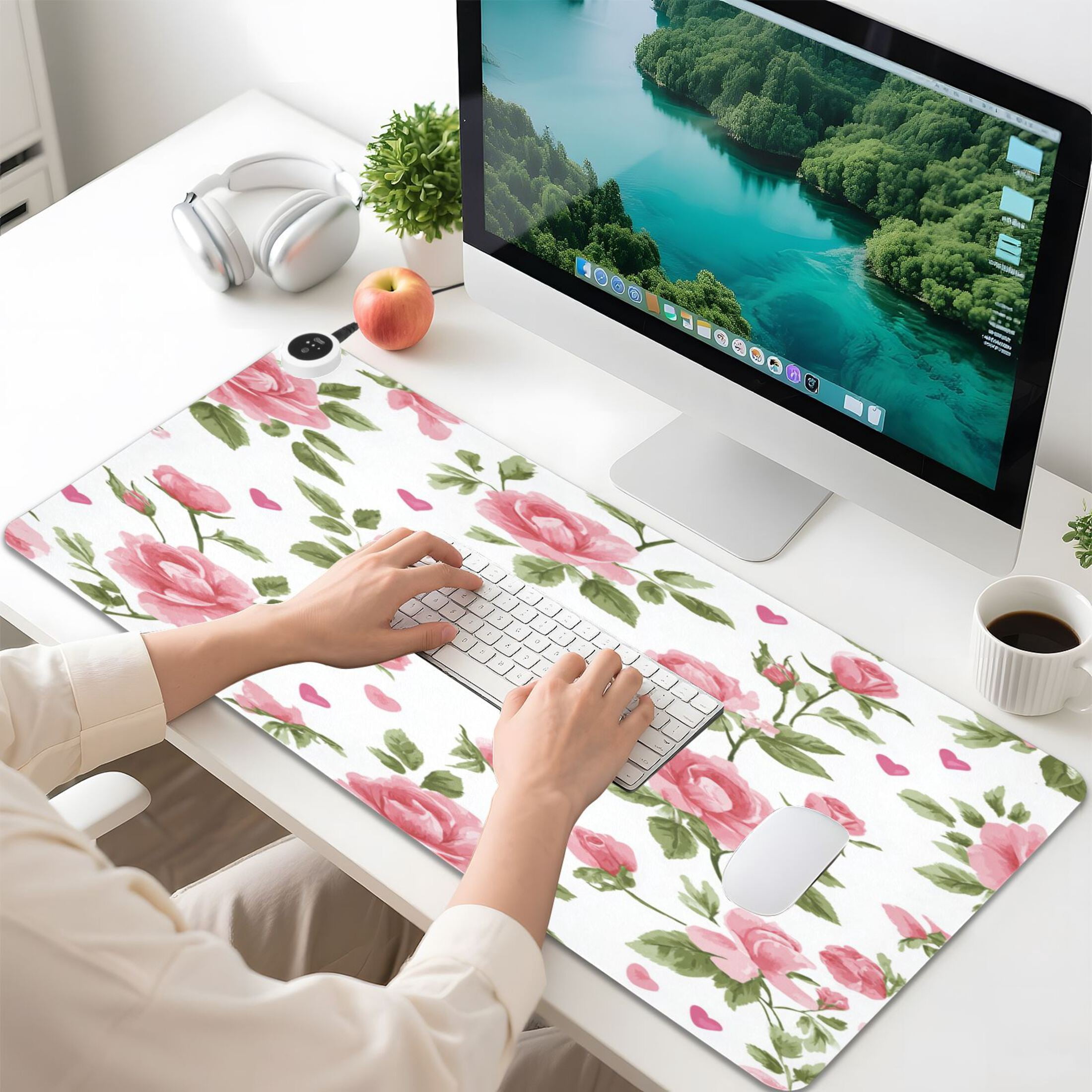 Large Heated Desk Mat Mouse Pad 31.5"x13"PU Leather Graphene Heating Desk Warmer with 3 Temperature Settings 110V US Plug Non-Slip Warm Pad for Home, Office, and Gaming Floral Rose Seamless Print