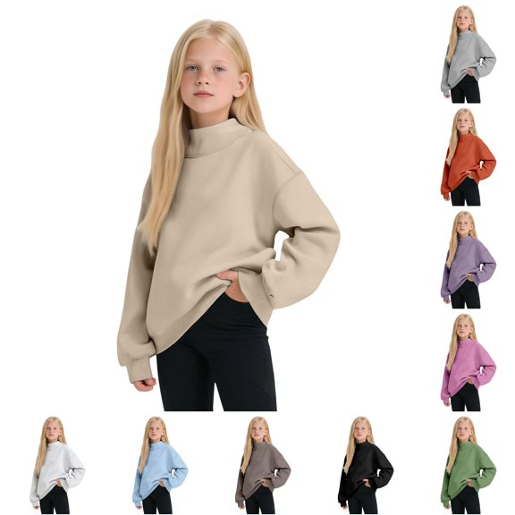 XAOFW Cozy Lined Neck Sweatshirt For Girls Solid Color Long Sleeve Sweatshirts Soft Winter Pullover For Kids Everyday Wear Versatile Top 3-4 Years