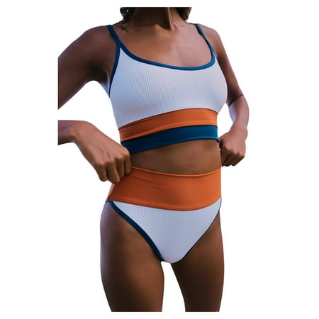 Women Two Piece Vintage Swimsuit Retro High Waist Bikini with Bottom Women Bandeau Bandage Bikini Set Push-Up Brazilian Swimwear Beachwear Swimsuit Orange XL
