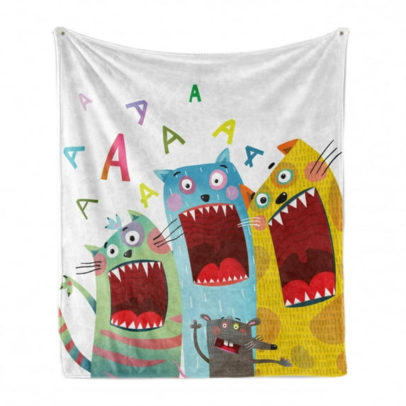 Cartoon Soft Flannel Fleece Throw Blanket, Colorful Cats and Rat Singing Funny Animal Characters Karaoke Night Theme, Cozy Plush for Indoor and Outdoor Use, 50" x 70", Multicolor, by Ambesonne