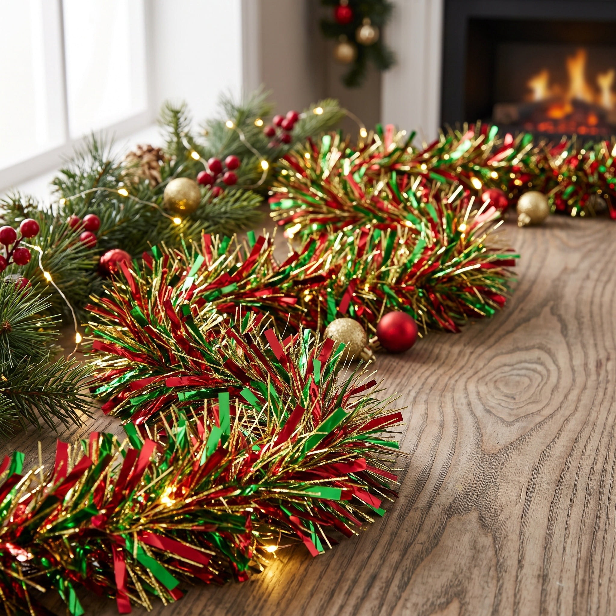 Tinsel Christmas Garland, Red/Green/Gold, 12', by Holiday Time